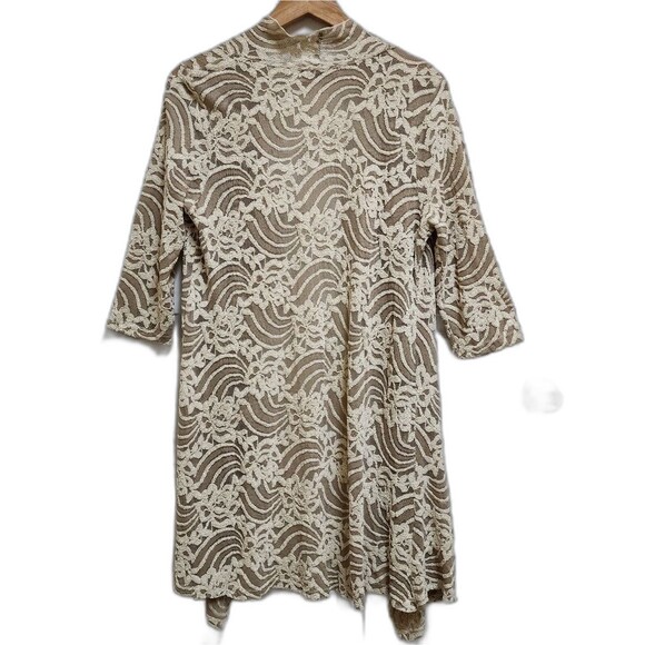 Camille & Co Cardigan Sweater Women S Cream Floral Lace Mesh Open Waterfall Boho - Picture 2 of 9